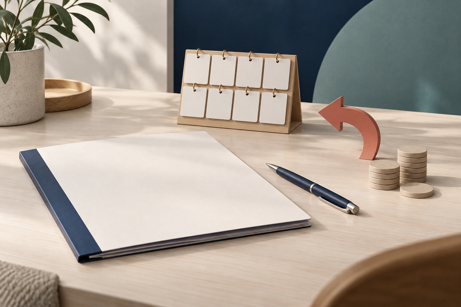 Blankt låneavtal, kalender med tomma dagar, returpil och återbetalningsmarkörer som illustrerar ångerrätt på lån.