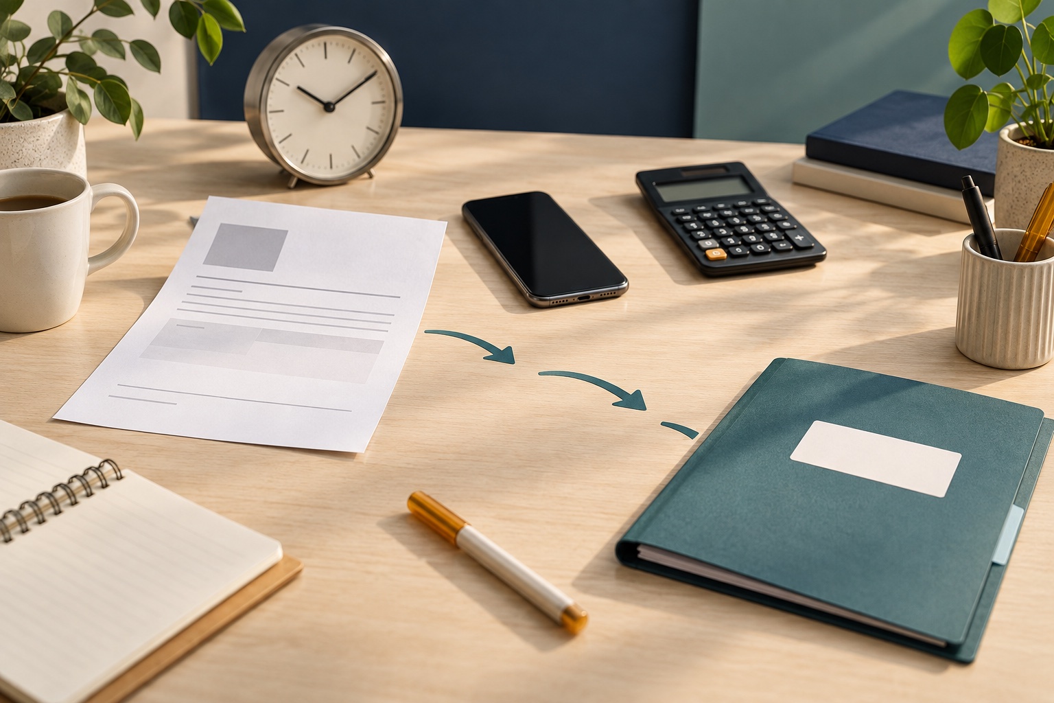 Blank betalningsavi, klocka, telefon och kalkylator med en ordnad väg till en kommunikationsmapp efter missad betalning.
